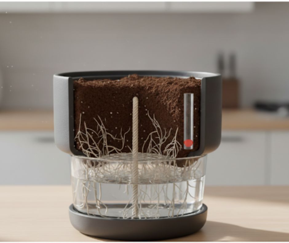 A realistic 3D cutaway diagram of a self-watering planter.